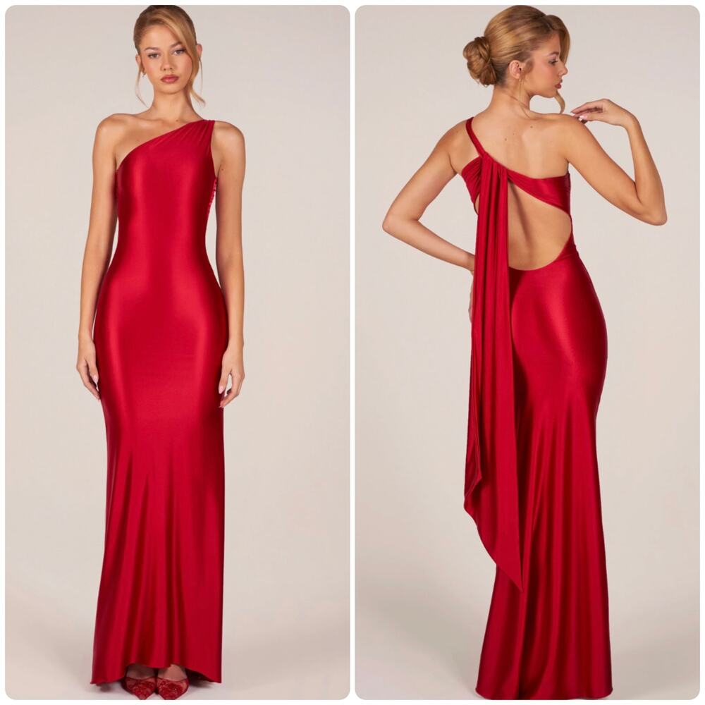 Oh Polly Adelina Asymmetric Tie Back Maxi Gown Dress in Cherry Red Size M New